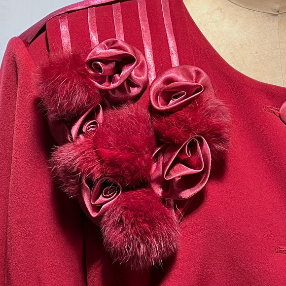 VINTAGE 80s dressy jacket removable fur collar satin rosettes blazer coat formal - Picture 8 of 14